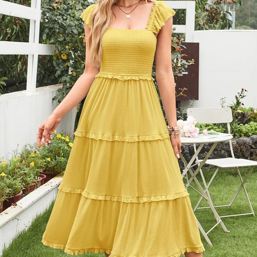 Women's Summer Wedding Guest Dress Ruffle Sleeve Maxi Sundress Flowing Tiered - Picture 5 of 6